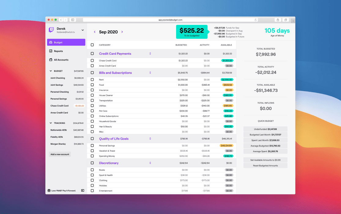 YNAB x Twitch Core UI