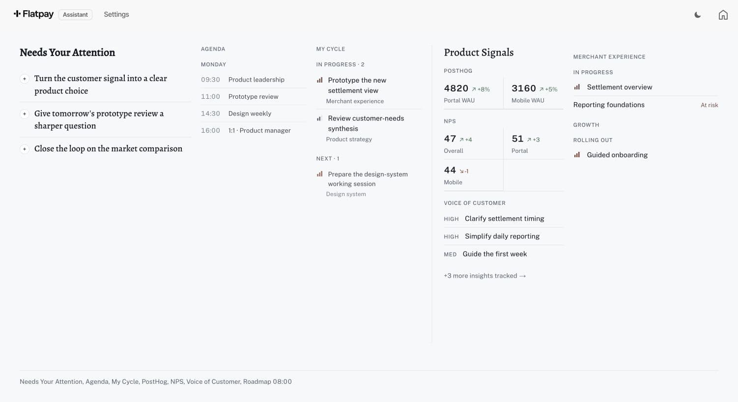 Executive Assistant daily briefing with generalized meetings, roadmap items and product signals